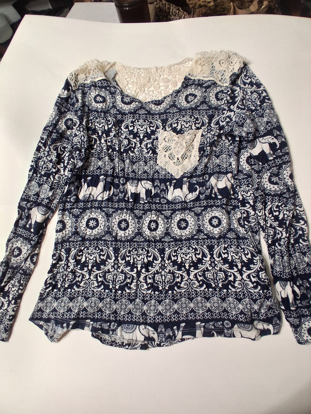 Wishful Park Navy and White Printed Lace-Trim Long Sleeve Tee
